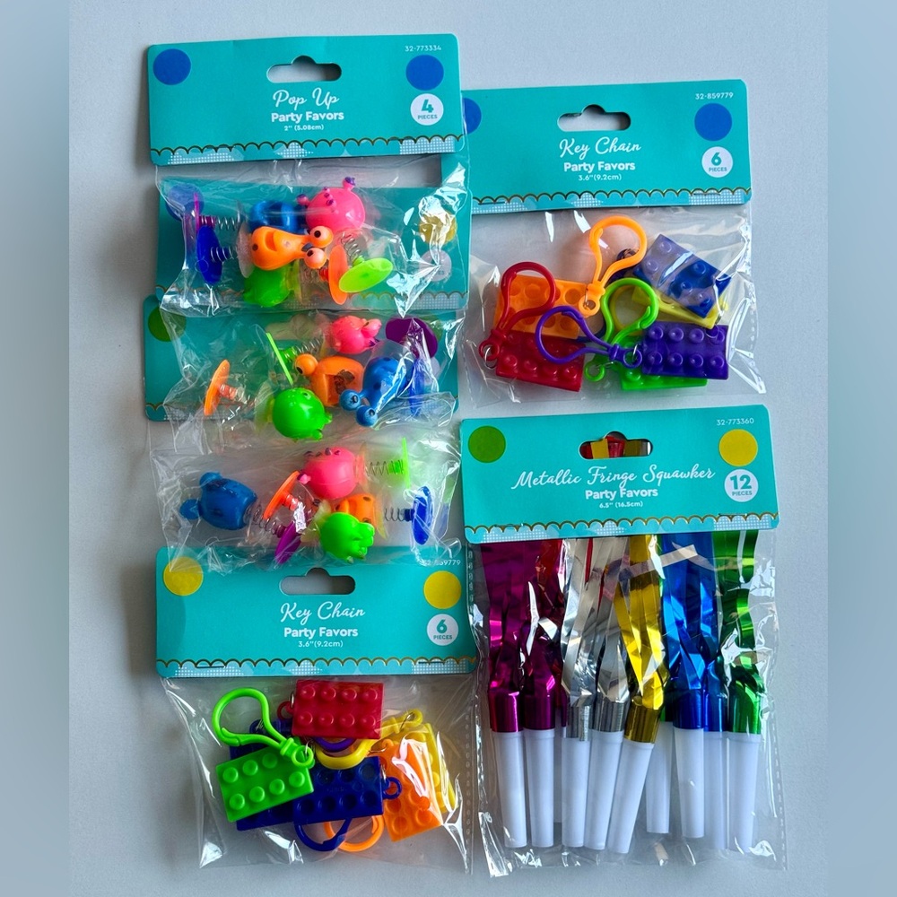 12 Count Party Favors - Keychains, Metallic Fringe Squawkers, Pop Up Toys